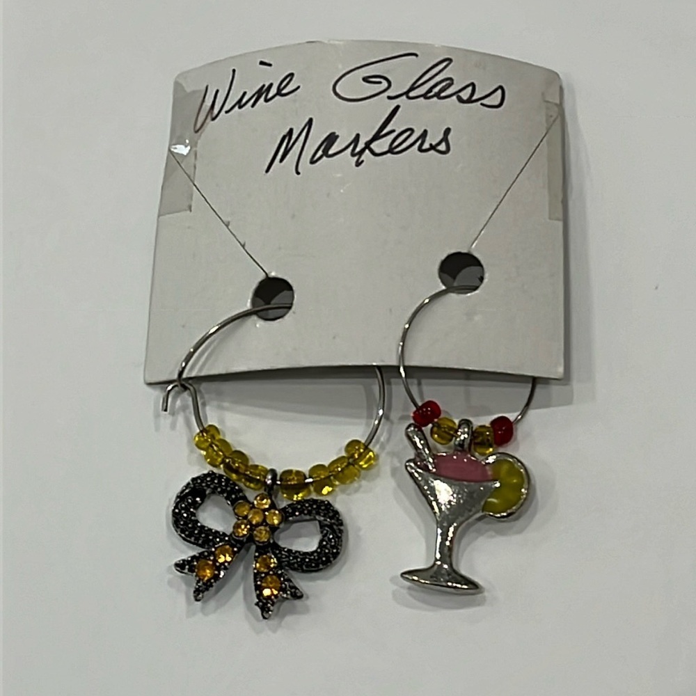 Wine Glass Markers Yellow Rhinestone Bow Cocktail Silver Tone Set of 2 OS